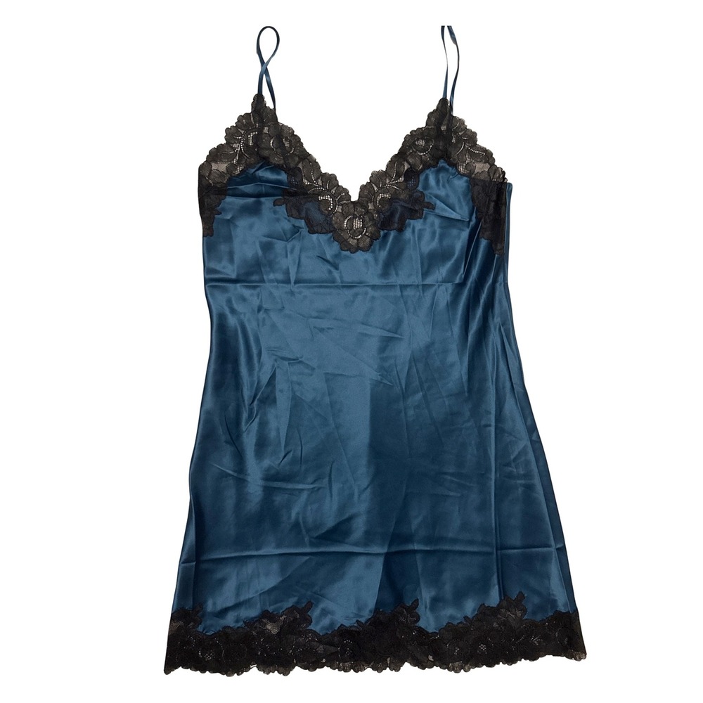 Natori Women midnight teal Satin black Lace Trim Chemise Nightgown Size M euc